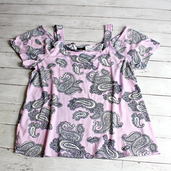 JM Collection Women's Cold Shoulder Top Size L Lilac Purple Paisley - Picture 1 of 4
